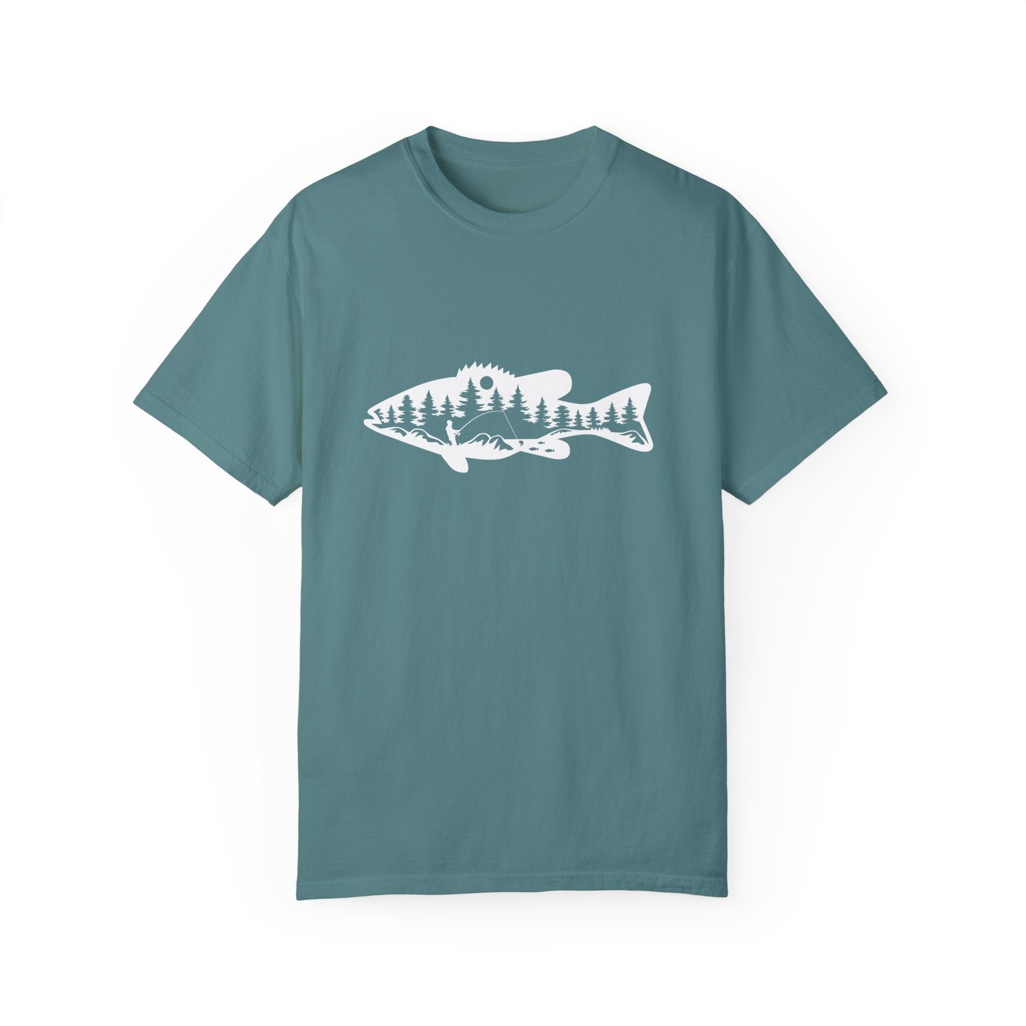 Fish Graphic Mountain Lake Scene Shirt, Nature Tee, Nature Lover Gift, Outdoor Graphic Tee, Fishing Shirt, Unisex Garment-Dyed T-shirt