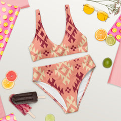 Boho Chic Pink Aztec Bikini: Embrace Western Vibes in This High-Waisted Swimwear