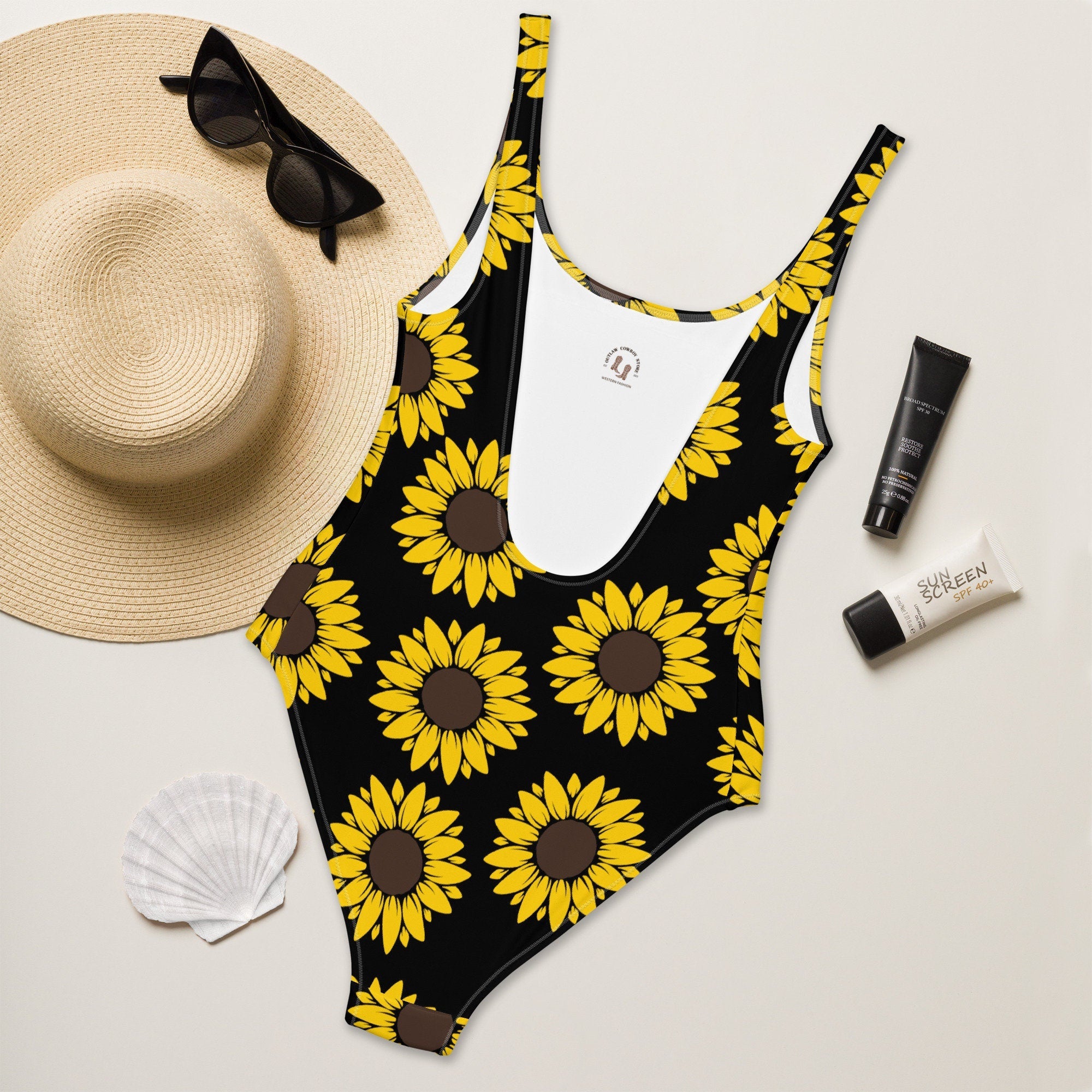 Black & Sunflower One-Piece Swimsuit | Western Swimwear | Western One-Piece | Modest Swimwear | Sunflower SwimWear