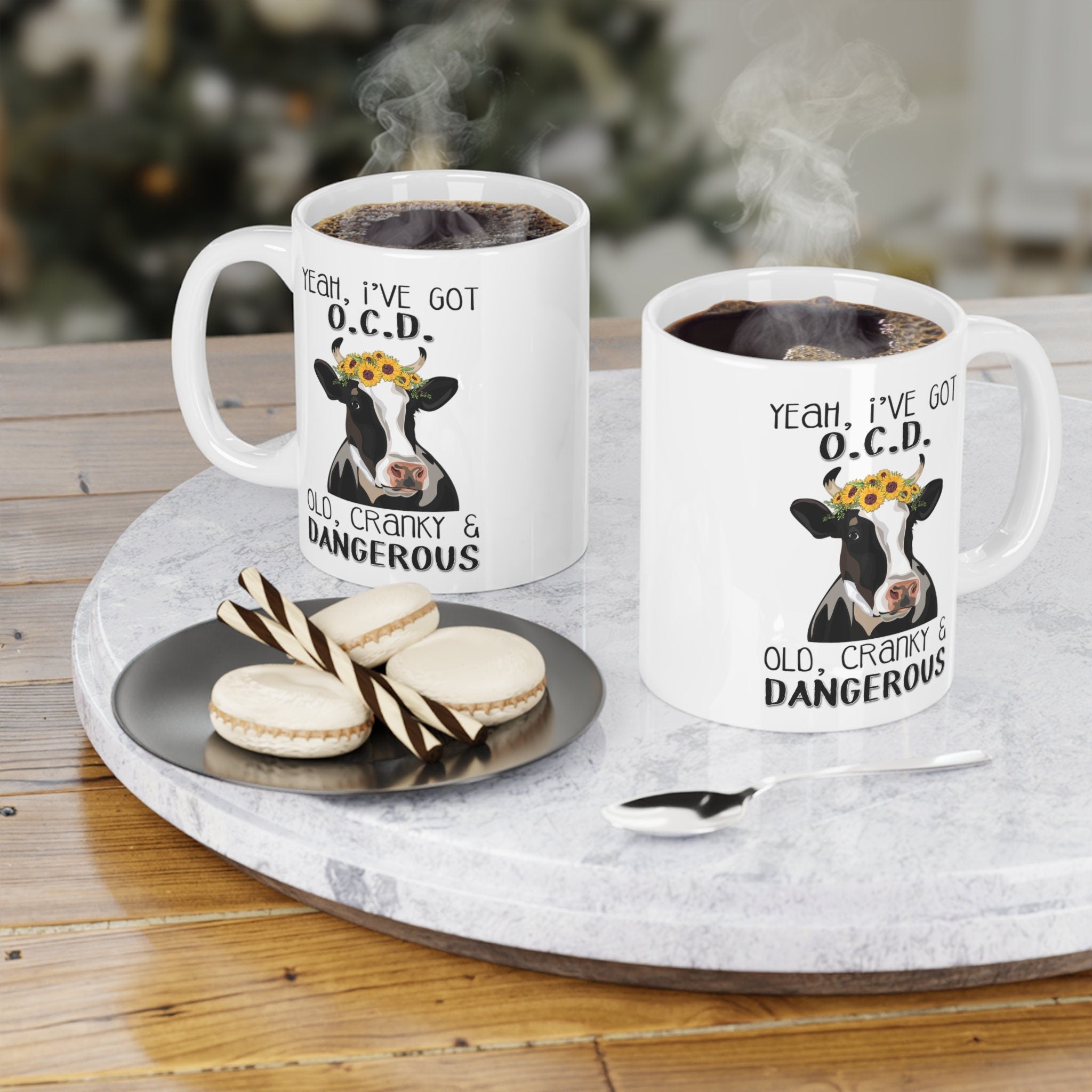 Yeah I have OCD Old Cranky Dangerous Cow Design, Funny Cow Mug, Cow Lover Gift, Funny Coffee Cup (11oz, 15oz, 20oz)