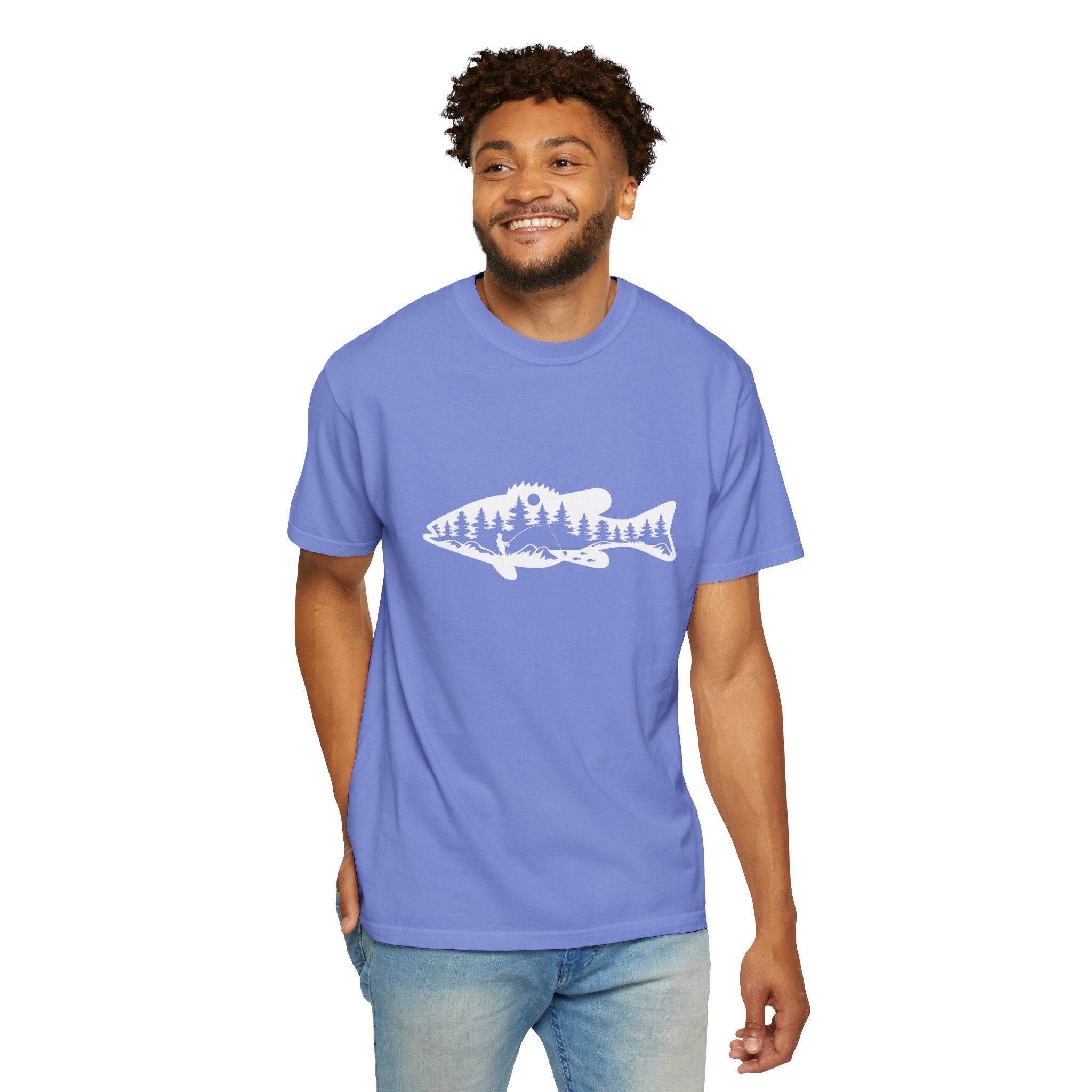 Fish Graphic Mountain Lake Scene Shirt, Nature Tee, Nature Lover Gift, Outdoor Graphic Tee, Fishing Shirt, Unisex Garment-Dyed T-shirt