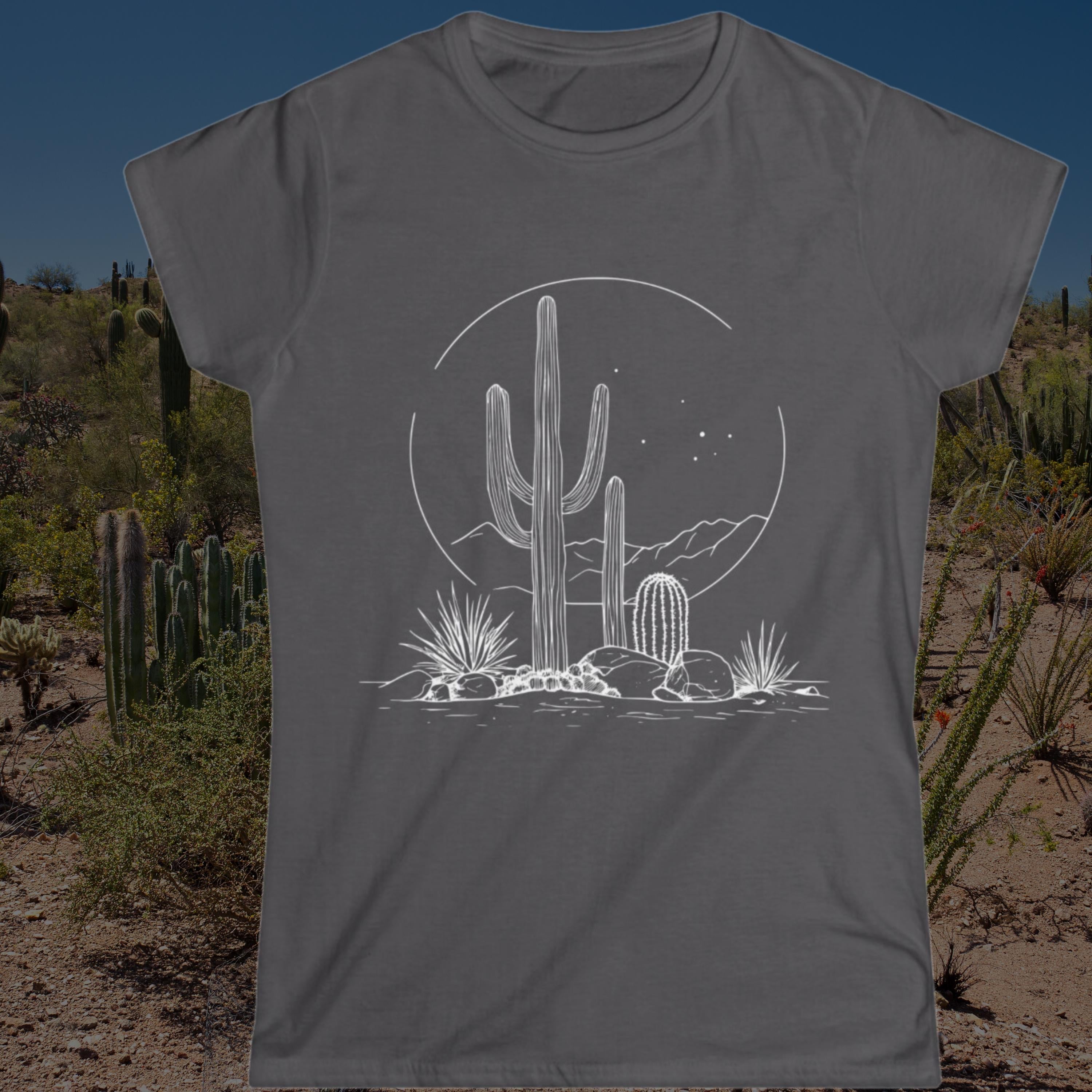 Western Desert Moon Women's Tee, Cowgirl Graphic Shirt, Southwest Style Top, Mountain Cactus Fashion Tee, Vintage Sunset T-Shirt, Boho