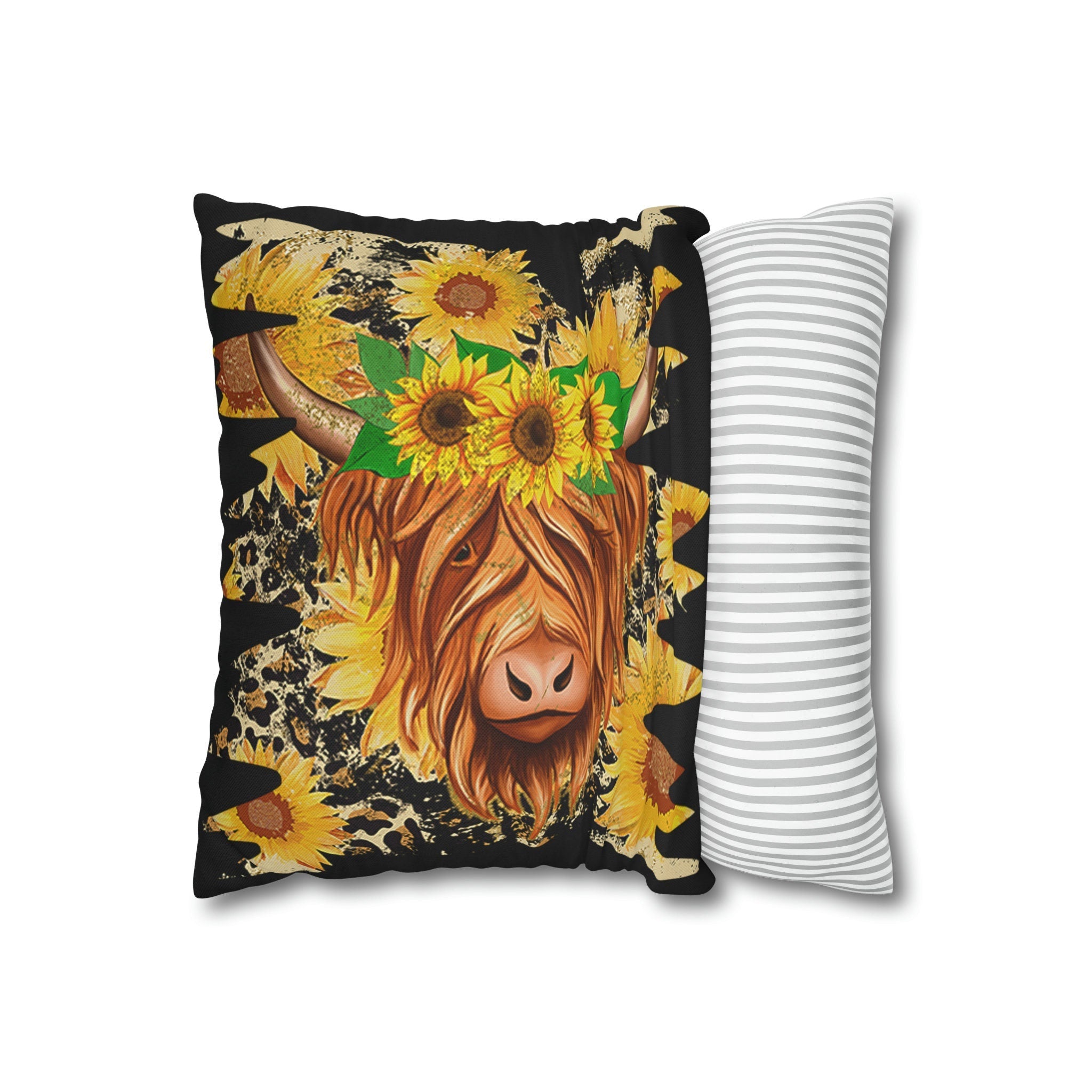 Adorable Highland Cow and Sunflower Pillow Cover: A Charming Touch for Your Home Decor!