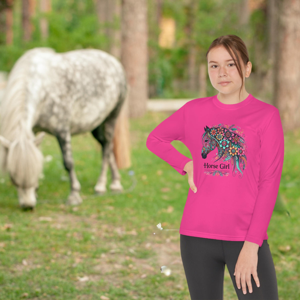 Horse Girl Floral Long Sleeve Tee, Equestrian Youth Shirt, Horse Lover Gift, Riding Tee, Floral Horse Shirt, Horseback Riding Shirt