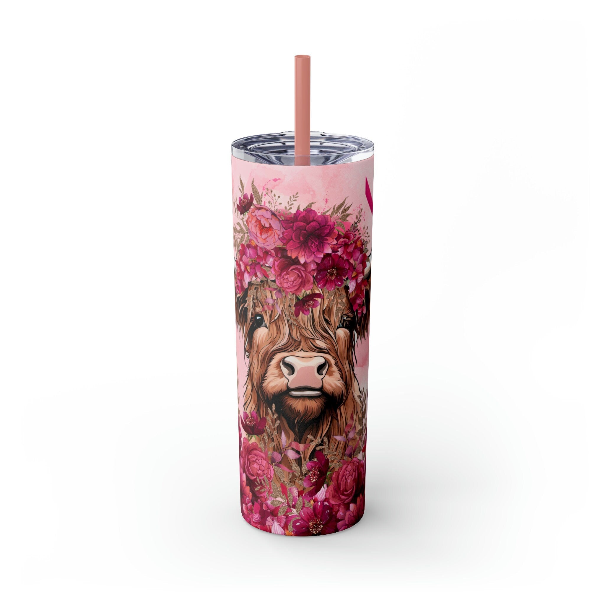 Highland Cow Breast Cancer Awareness Skinny Tumbler with Straw, 20oz |Breast cancer awareness | Pink Ribbon