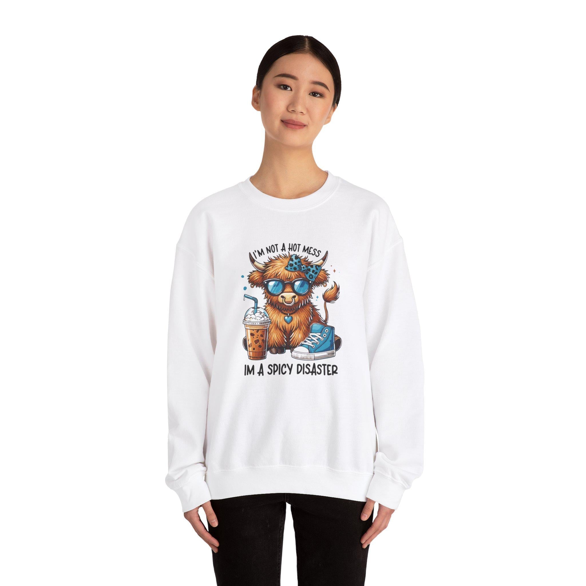 Im not a hot mess Im a spicy disaster" Highland Cow Fall vibes Women's™ Crewneck Sweatshirt