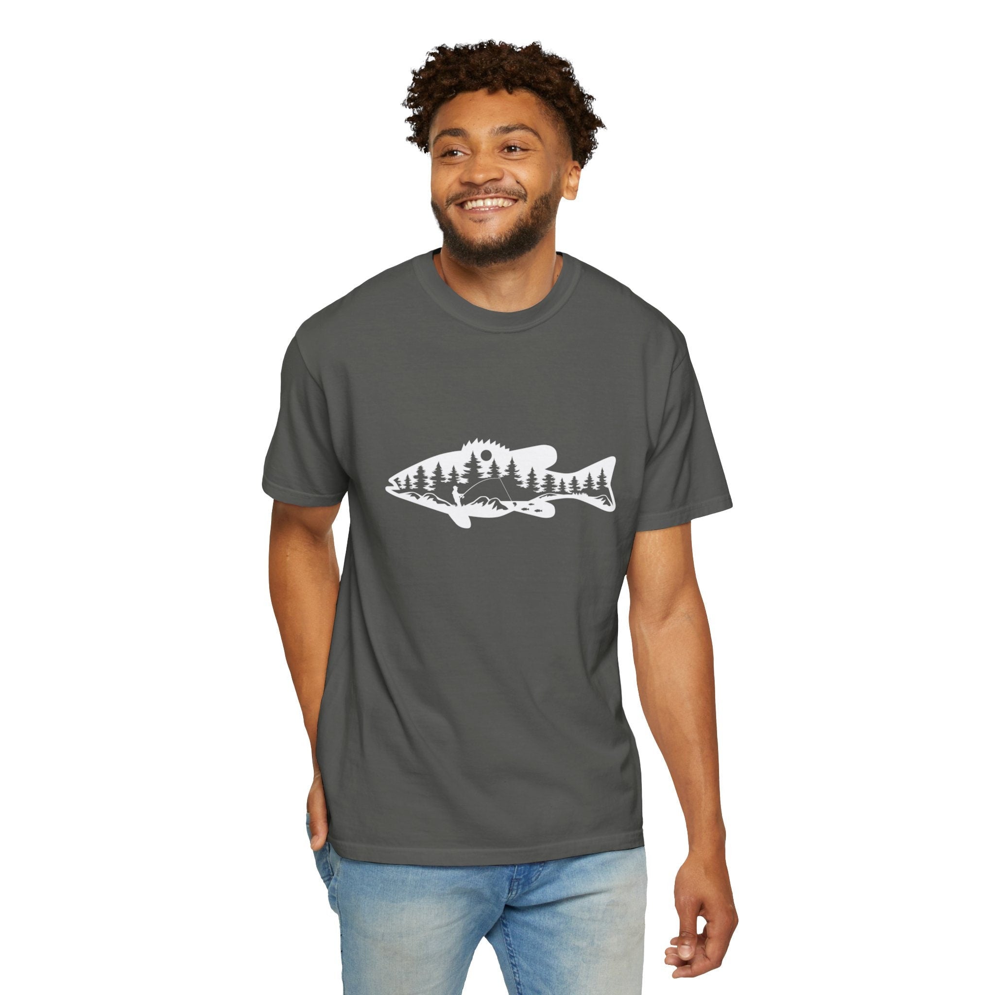 Fish Graphic Mountain Lake Scene Shirt, Nature Tee, Nature Lover Gift, Outdoor Graphic Tee, Fishing Shirt, Unisex Garment-Dyed T-shirt