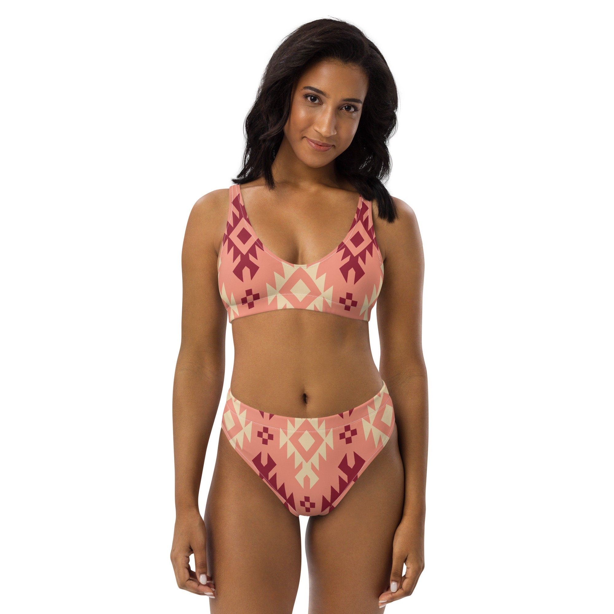 Boho Chic Pink Aztec Bikini: Embrace Western Vibes in This High-Waisted Swimwear