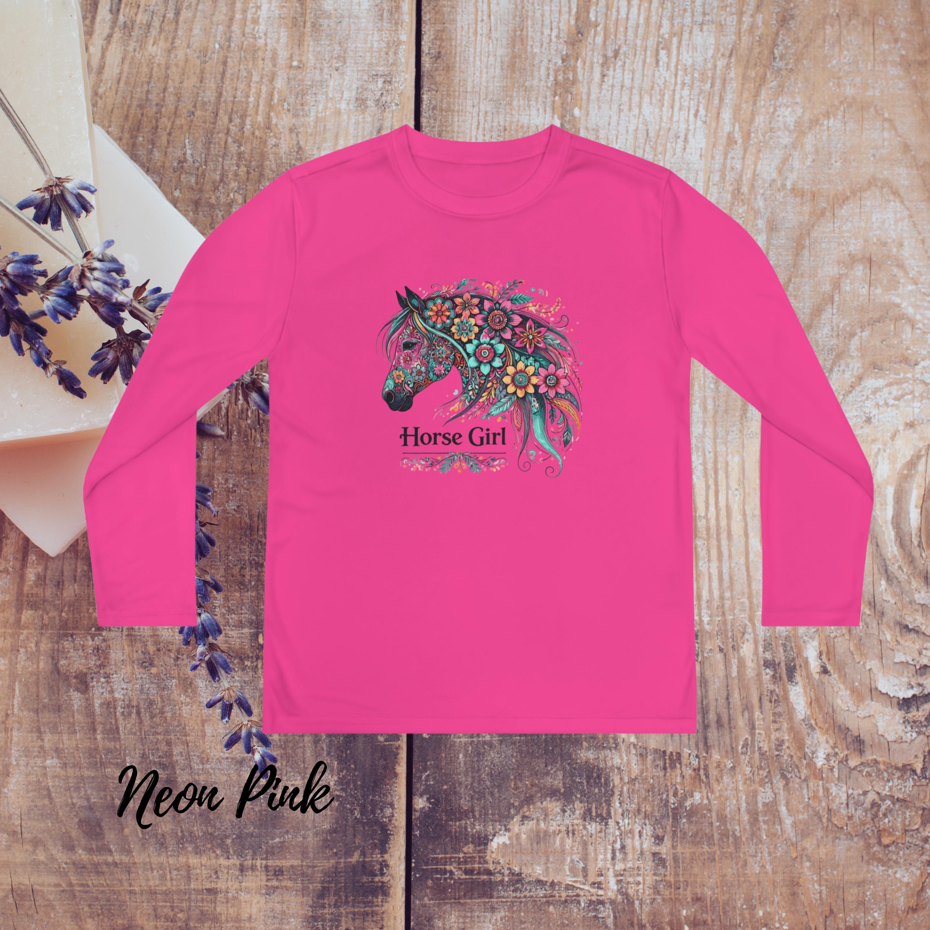 Horse Girl Floral Long Sleeve Tee, Equestrian Youth Shirt, Horse Lover Gift, Riding Tee, Floral Horse Shirt, Horseback Riding Shirt