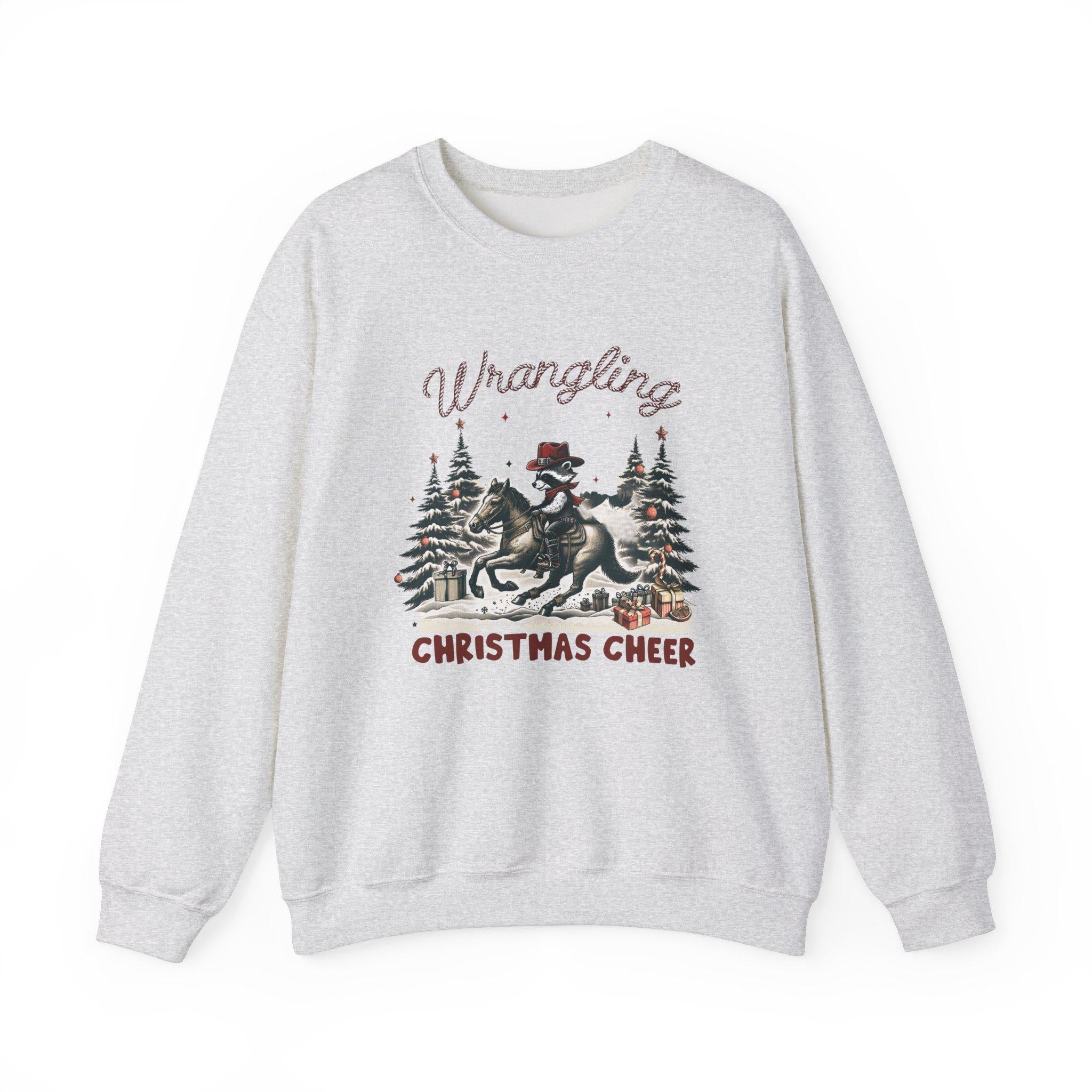 Rodeo Racoon Christmas Crewneck Sweatshirt, Holiday Animal Pullover, Winter Cheer shirt, Cute Critter Xmas Top, Festive Sweatshirt