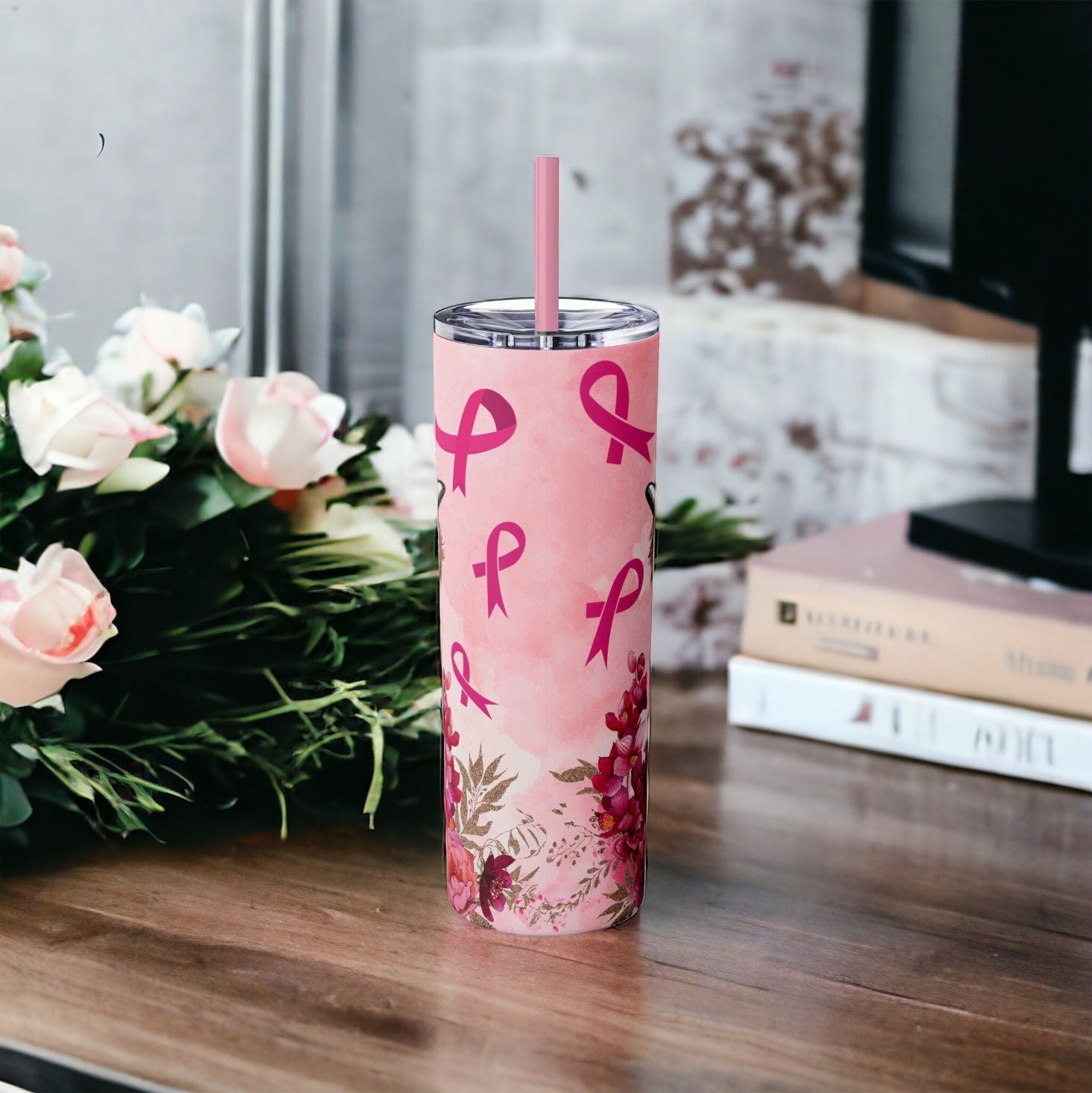 Highland Cow Breast Cancer Awareness Skinny Tumbler with Straw, 20oz |Breast cancer awareness | Pink Ribbon