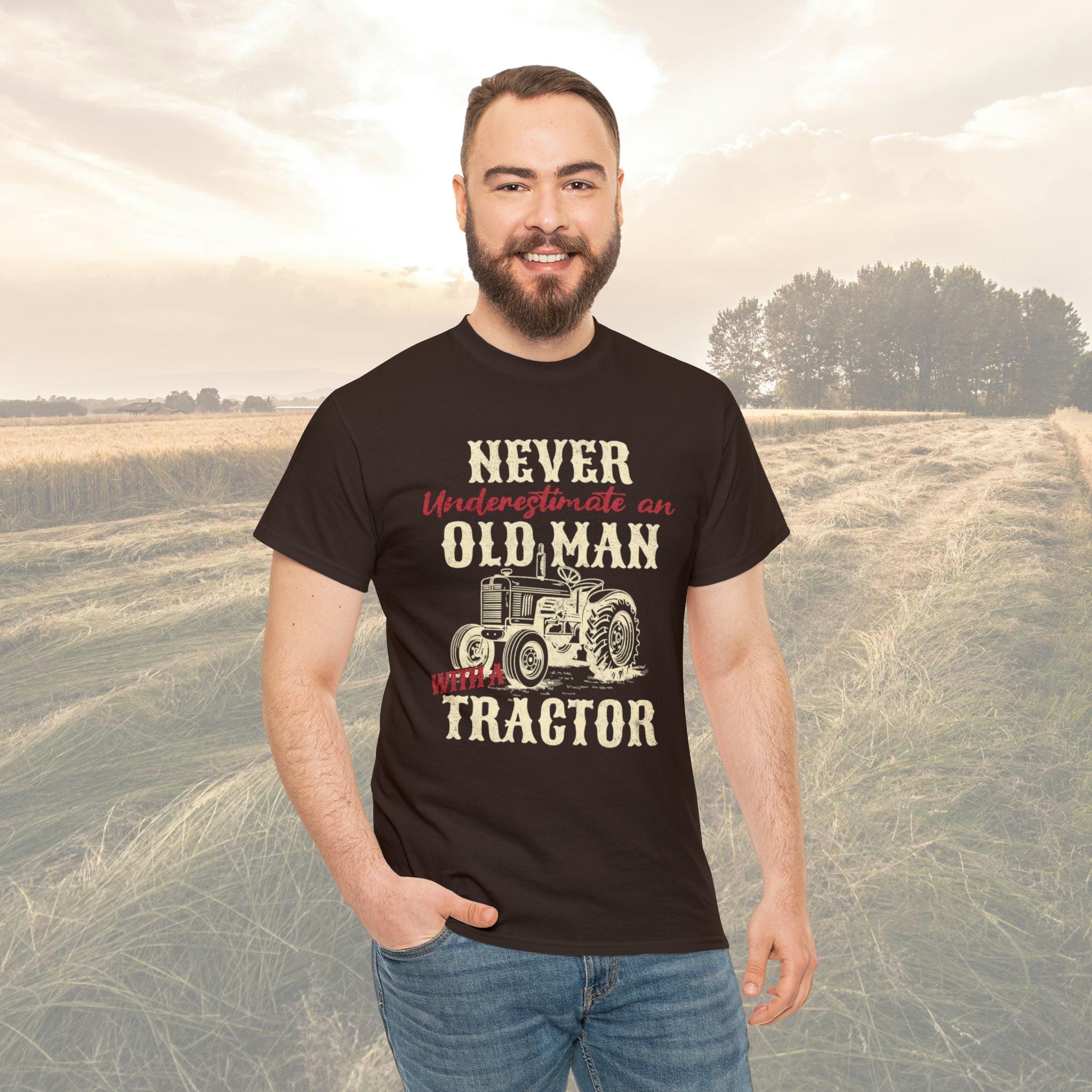 Old man and a Tractor| Gifts for Farmers|  Mens Heavy Cotton Tee