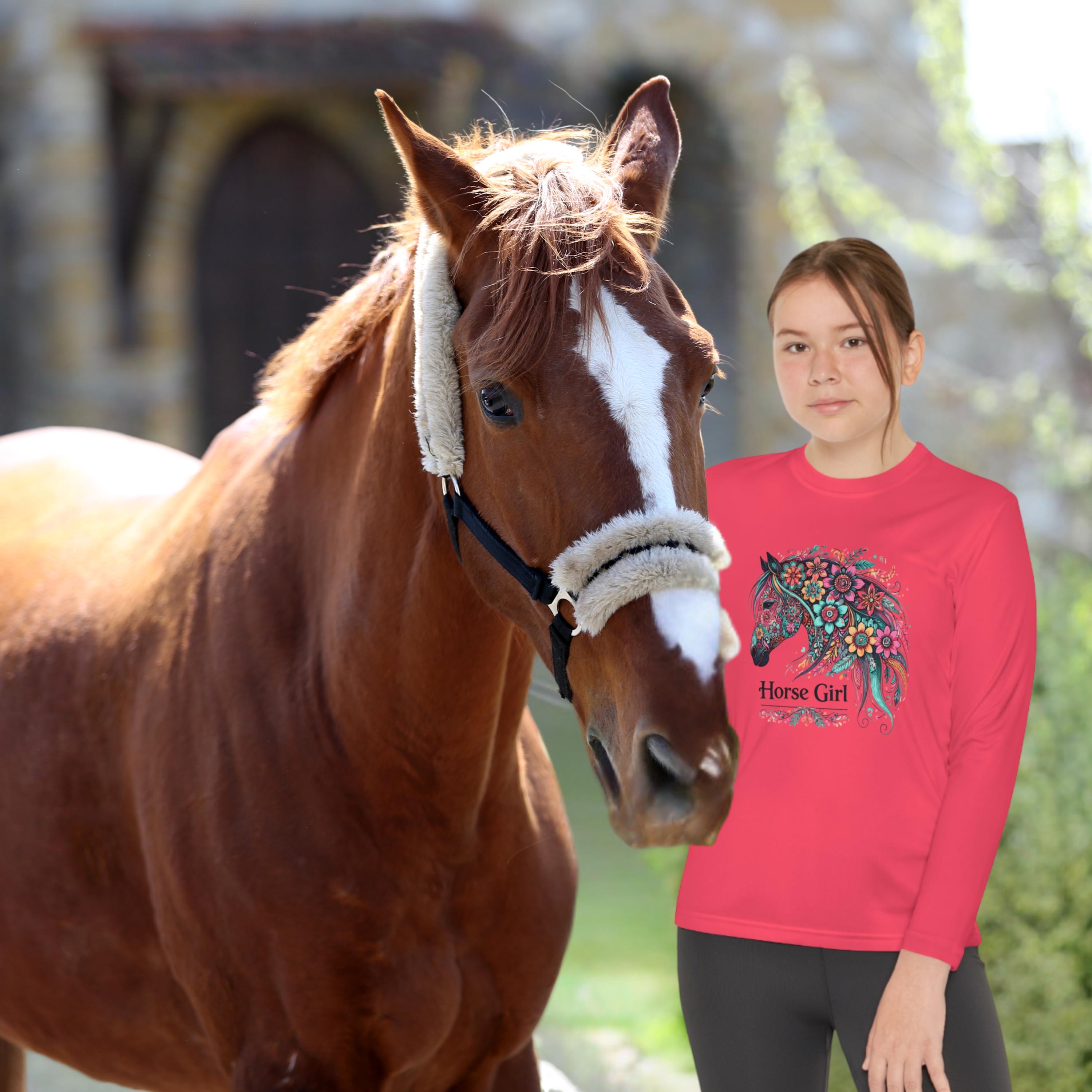 Horse Girl Floral Long Sleeve Tee, Equestrian Youth Shirt, Horse Lover Gift, Riding Tee, Floral Horse Shirt, Horseback Riding Shirt