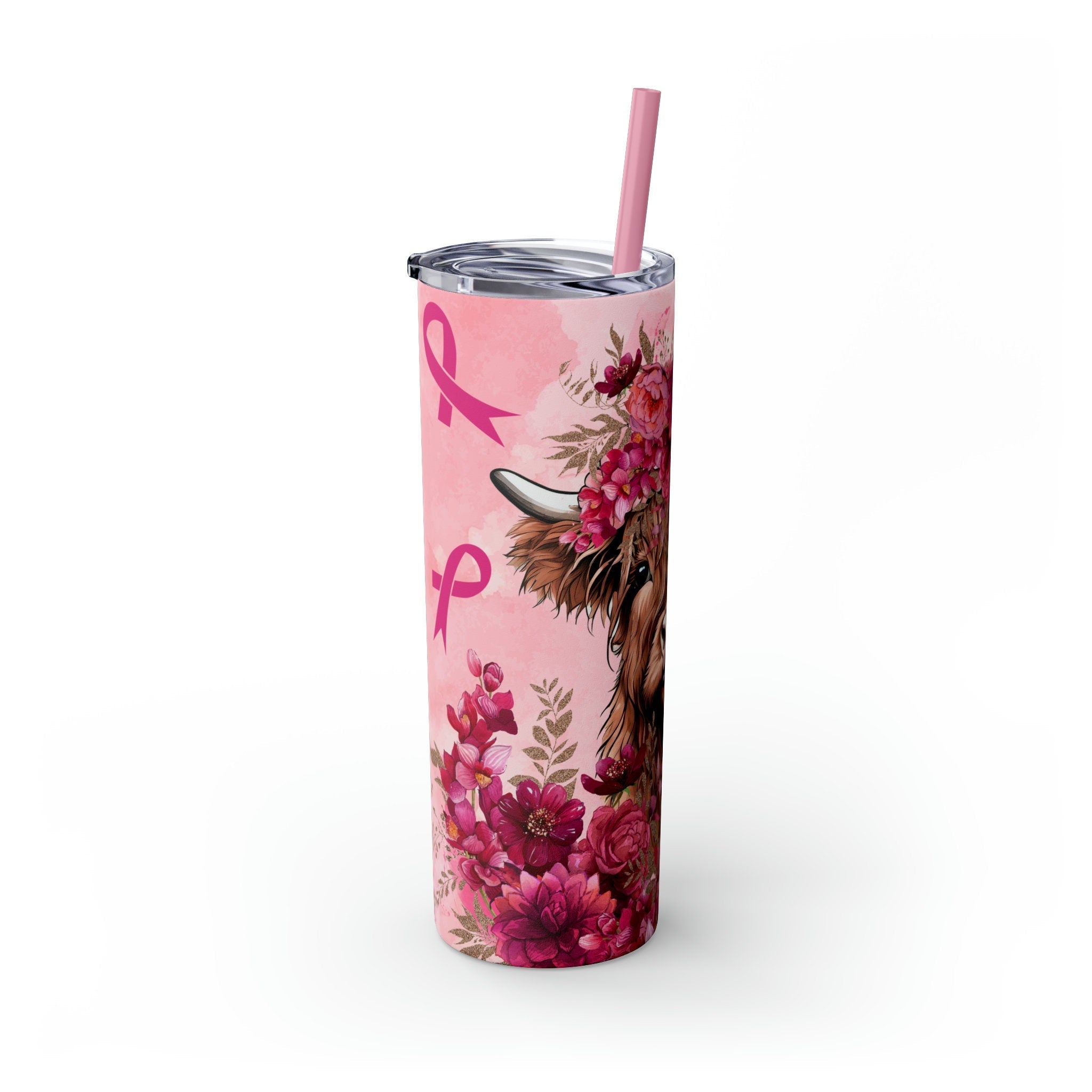 Highland Cow Breast Cancer Awareness Skinny Tumbler with Straw, 20oz |Breast cancer awareness | Pink Ribbon