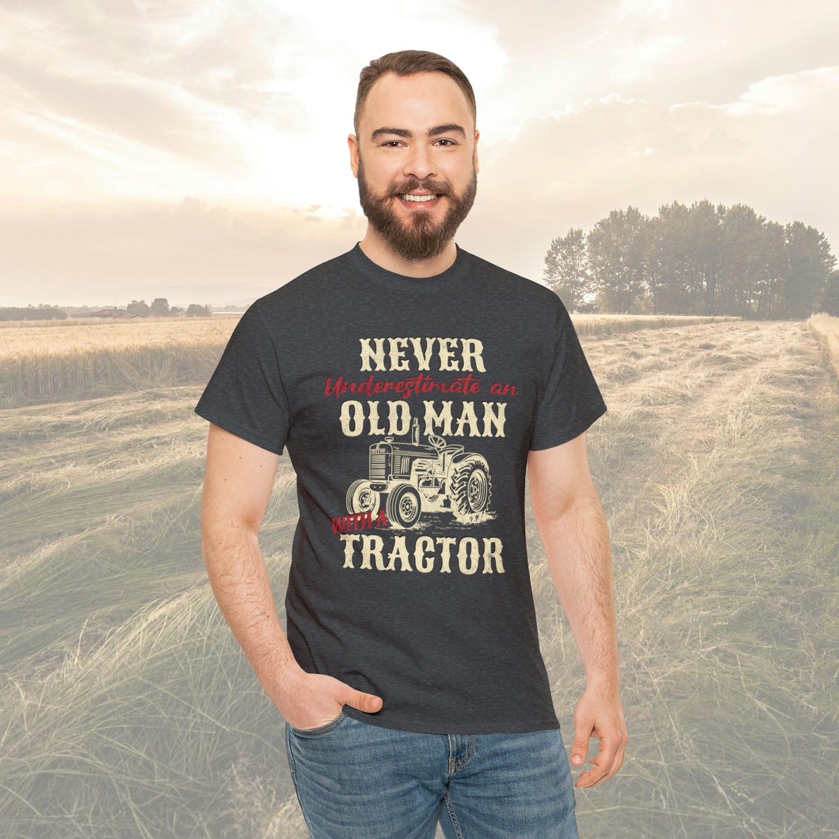 Old man and a Tractor| Gifts for Farmers|  Mens Heavy Cotton Tee