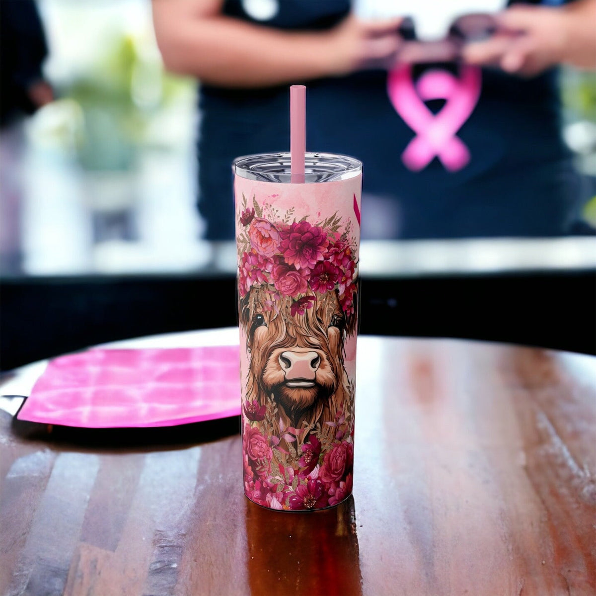 Highland Cow Breast Cancer Awareness Skinny Tumbler with Straw, 20oz |Breast cancer awareness | Pink Ribbon