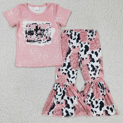 Toddler Western Outfit Baby Girl Short Sleeve Shirt  Bell Bottom Pants Children Clothes Sets