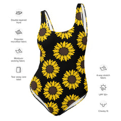 Black & Sunflower One-Piece Swimsuit | Western Swimwear | Western One-Piece | Modest Swimwear | Sunflower SwimWear