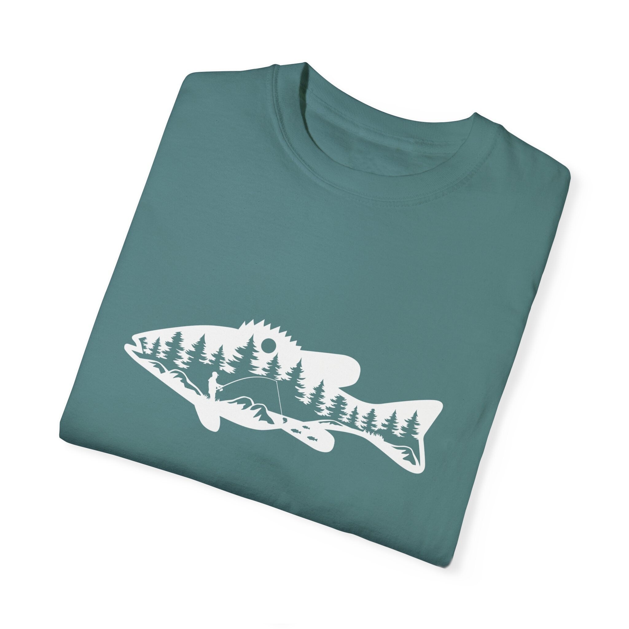 Fish Graphic Mountain Lake Scene Shirt, Nature Tee, Nature Lover Gift, Outdoor Graphic Tee, Fishing Shirt, Unisex Garment-Dyed T-shirt