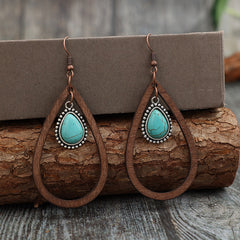 Wooden Turquoise Cutout Teardrop Earrings