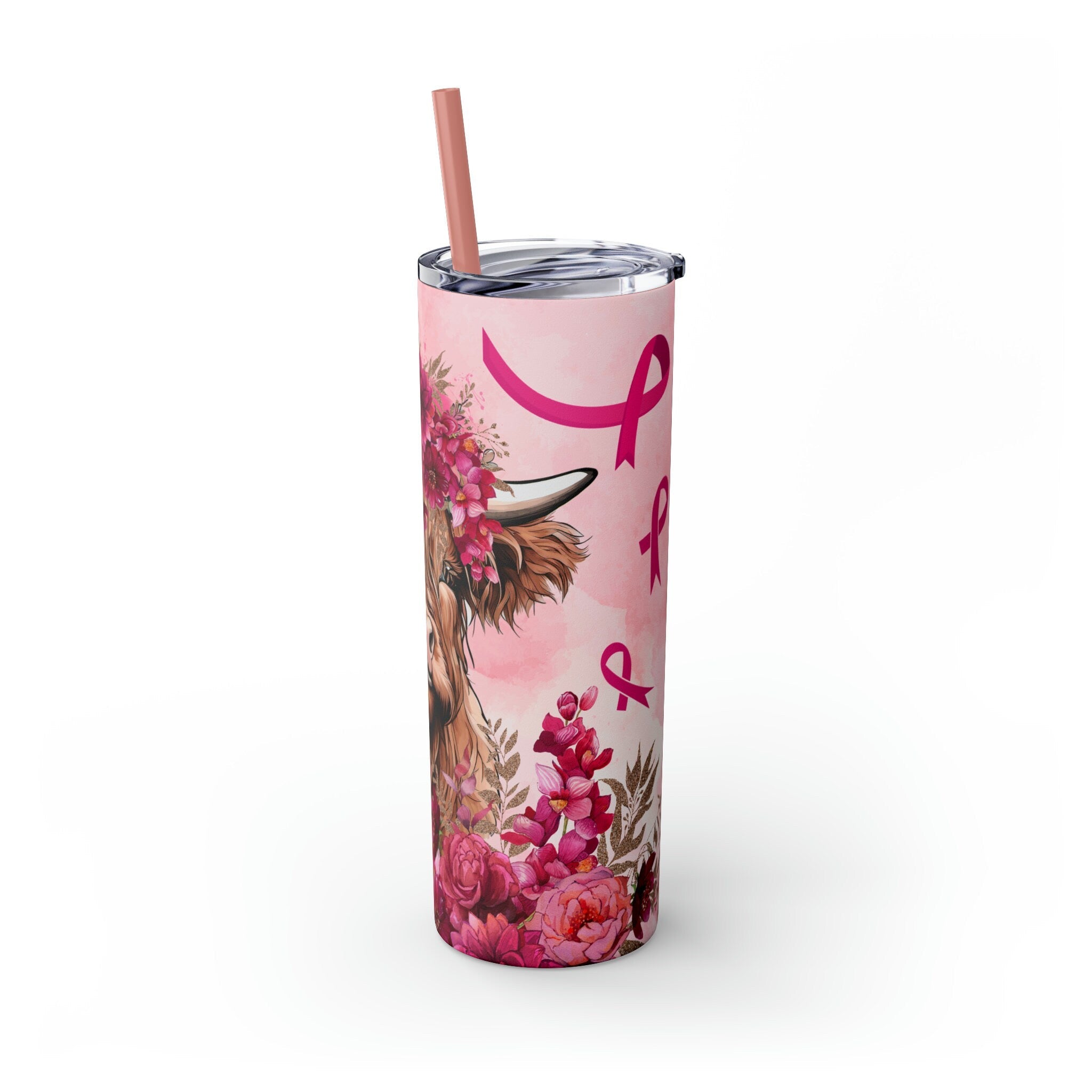 Highland Cow Breast Cancer Awareness Skinny Tumbler with Straw, 20oz |Breast cancer awareness | Pink Ribbon