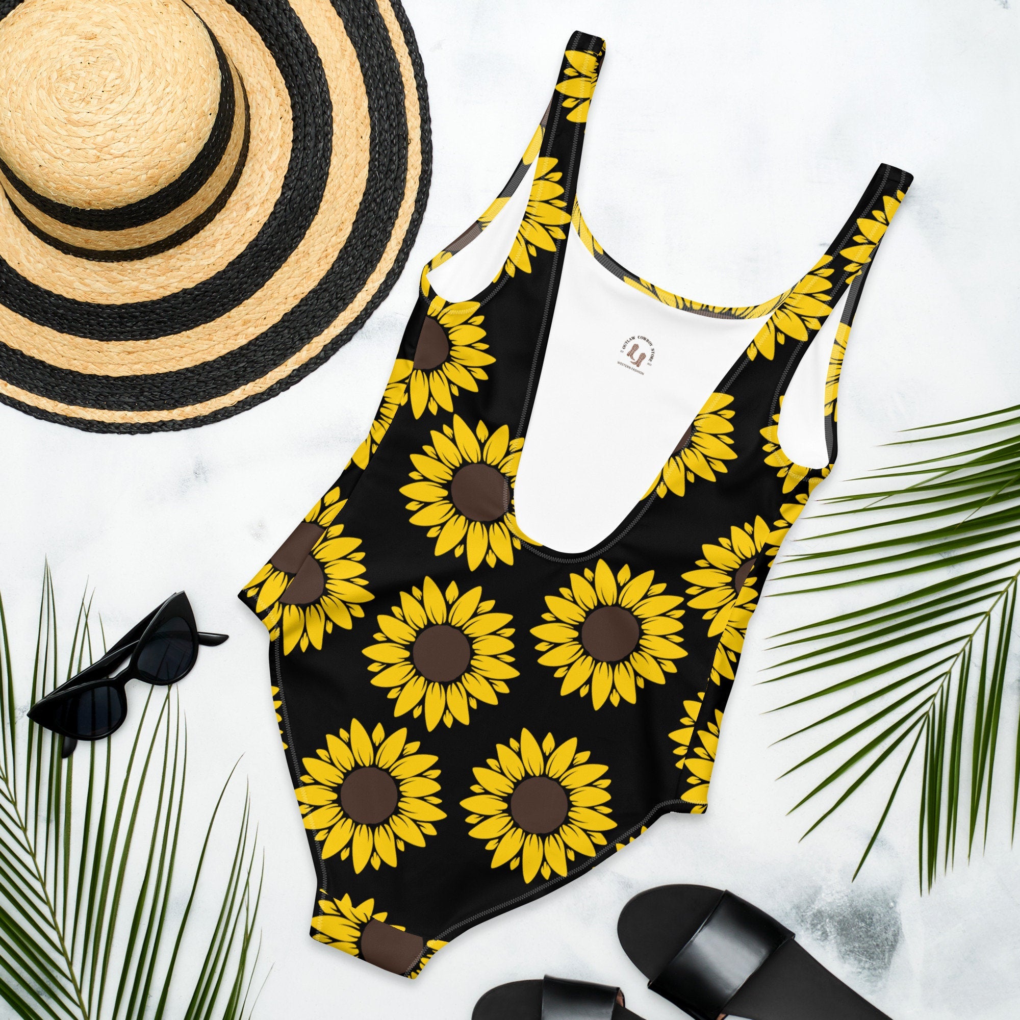 Black & Sunflower One-Piece Swimsuit | Western Swimwear | Western One-Piece | Modest Swimwear | Sunflower SwimWear