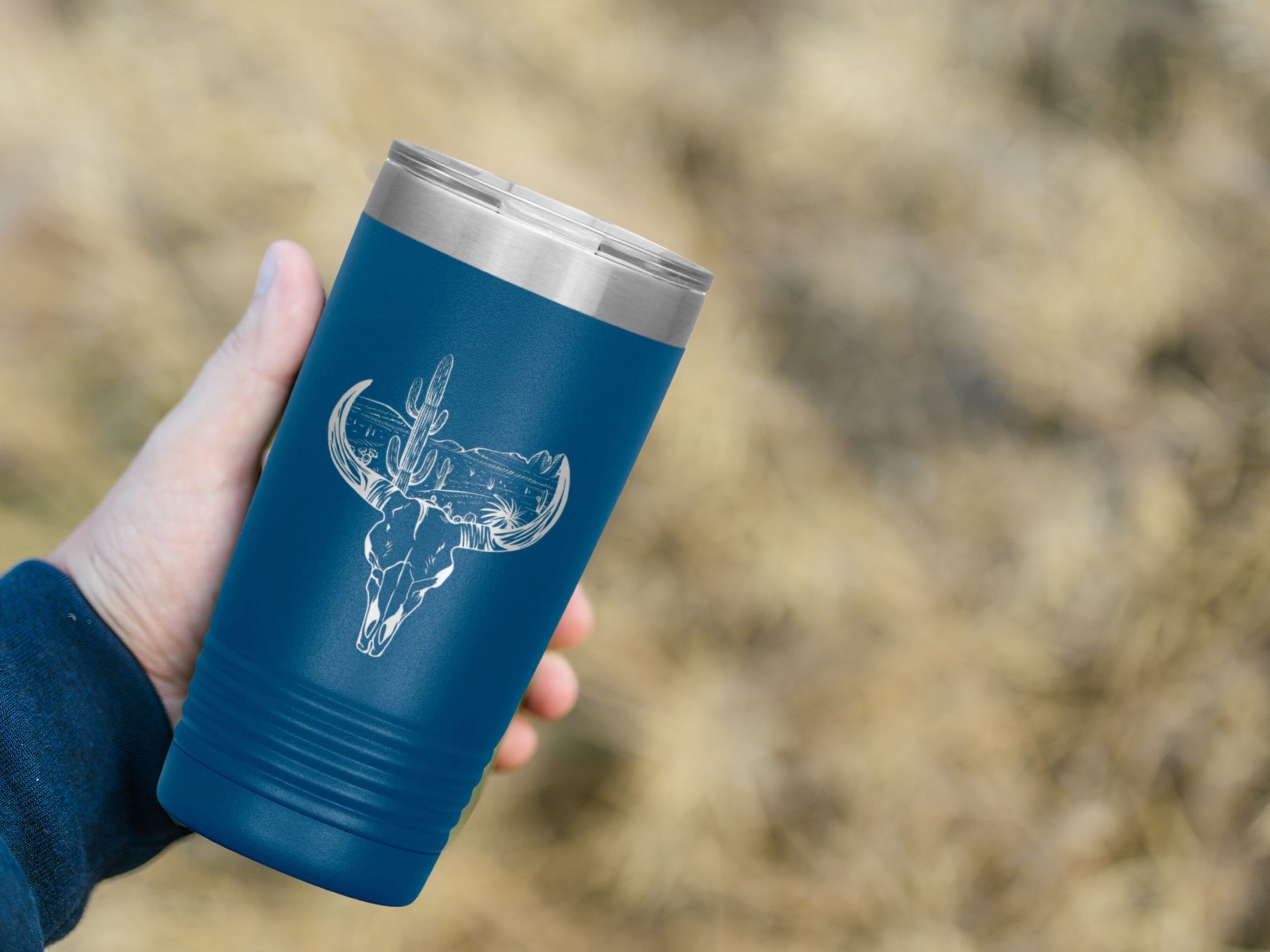 Custom Desert Skull,  Insulated Steel, Laser Engraved Tumbler ,20 Oz Tumbler, Etched Tumbler, Bull Skull