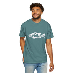 Fish Graphic Mountain Lake Scene Shirt, Nature Tee, Nature Lover Gift, Outdoor Graphic Tee, Fishing Shirt, Unisex Garment-Dyed T-shirt