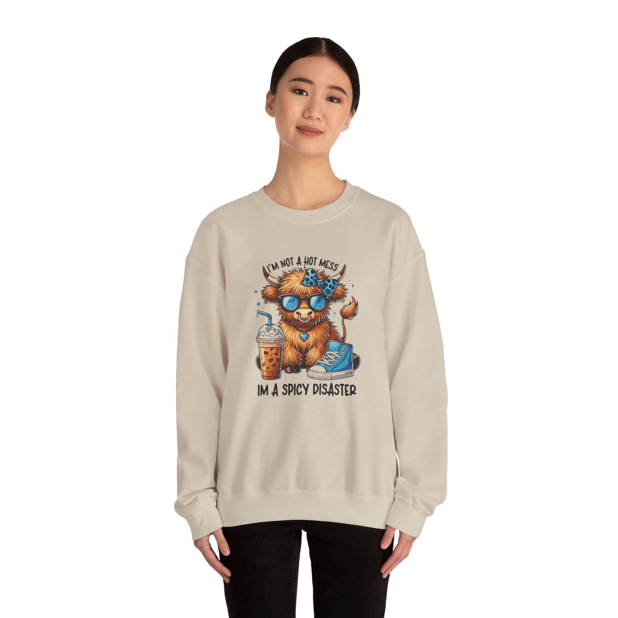 Im not a hot mess Im a spicy disaster" Highland Cow Fall vibes Women's™ Crewneck Sweatshirt