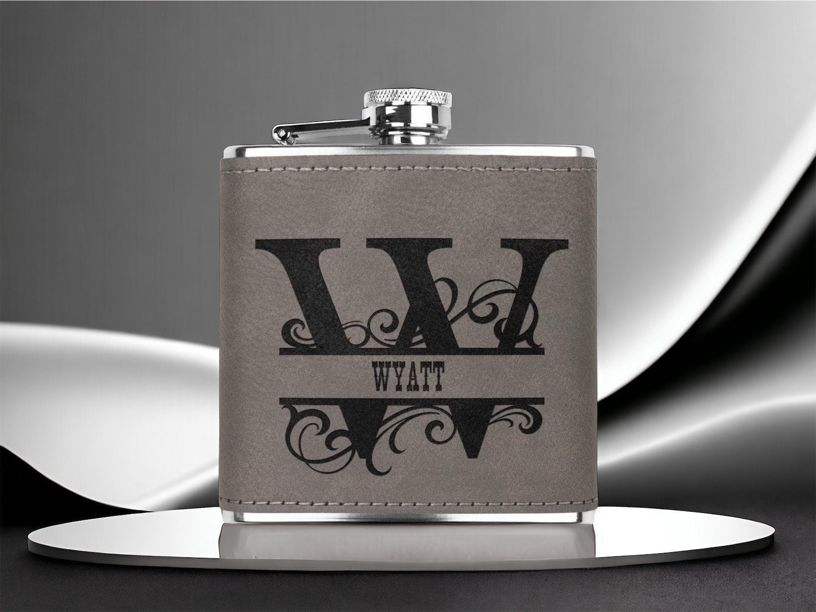 Personalized Engraved Custom Monogram Leather wrapped 6oz flask, Gift for Groomsmen, Unisex gifts for adults