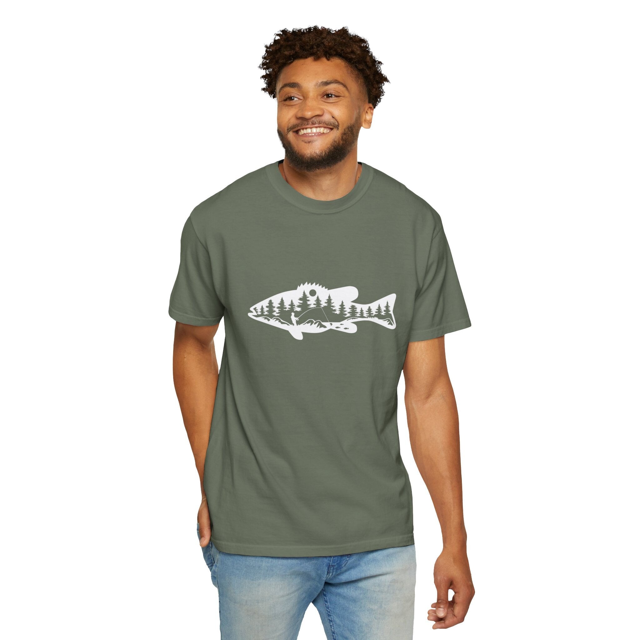 Fish Graphic Mountain Lake Scene Shirt, Nature Tee, Nature Lover Gift, Outdoor Graphic Tee, Fishing Shirt, Unisex Garment-Dyed T-shirt