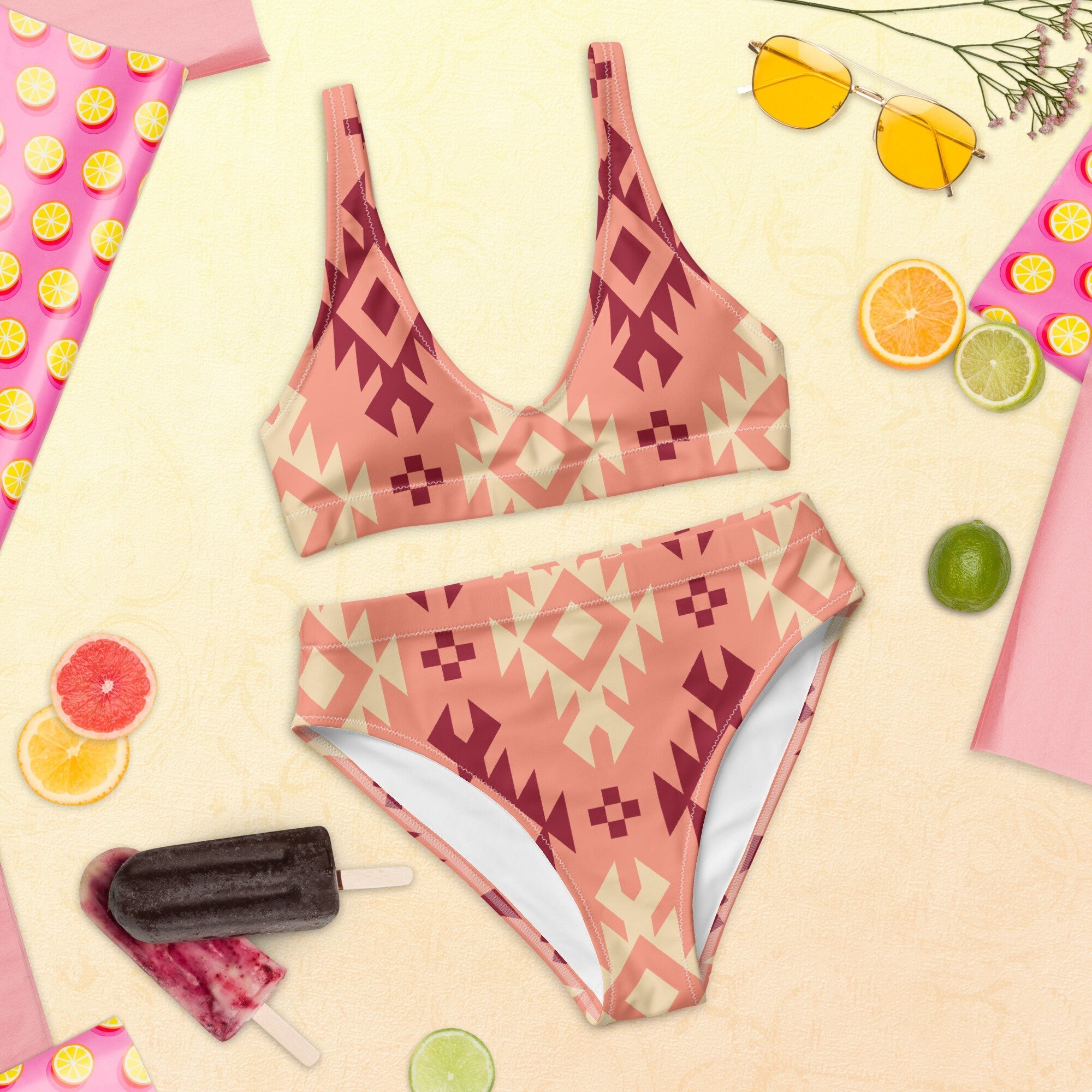 Boho Chic Pink Aztec Bikini: Embrace Western Vibes in This High-Waisted Swimwear